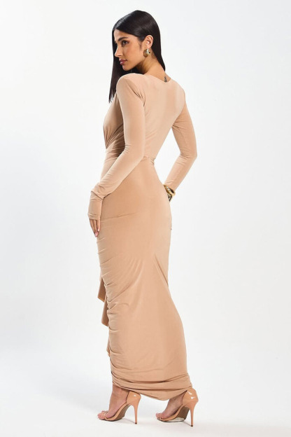 Marik Plunge Neck Ruched Maxi Dress In Khaki