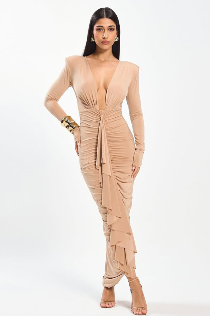 Marik Plunge Neck Ruched Maxi Dress In Khaki