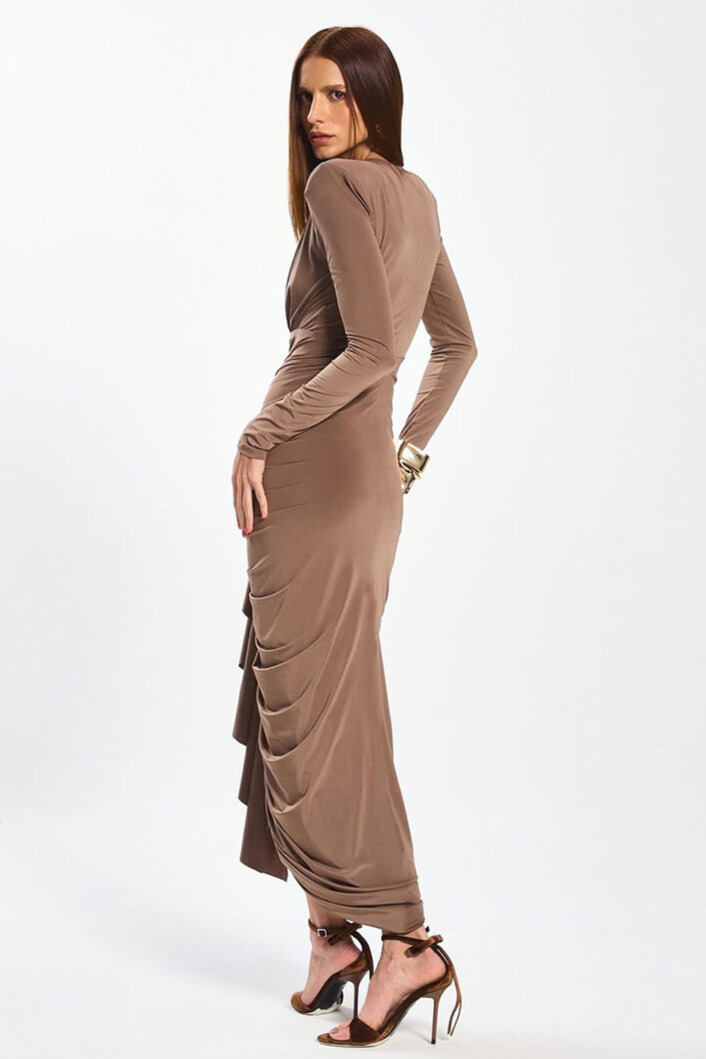 Marika Plunge Neck Ruched Maxi Dress In Light Brown