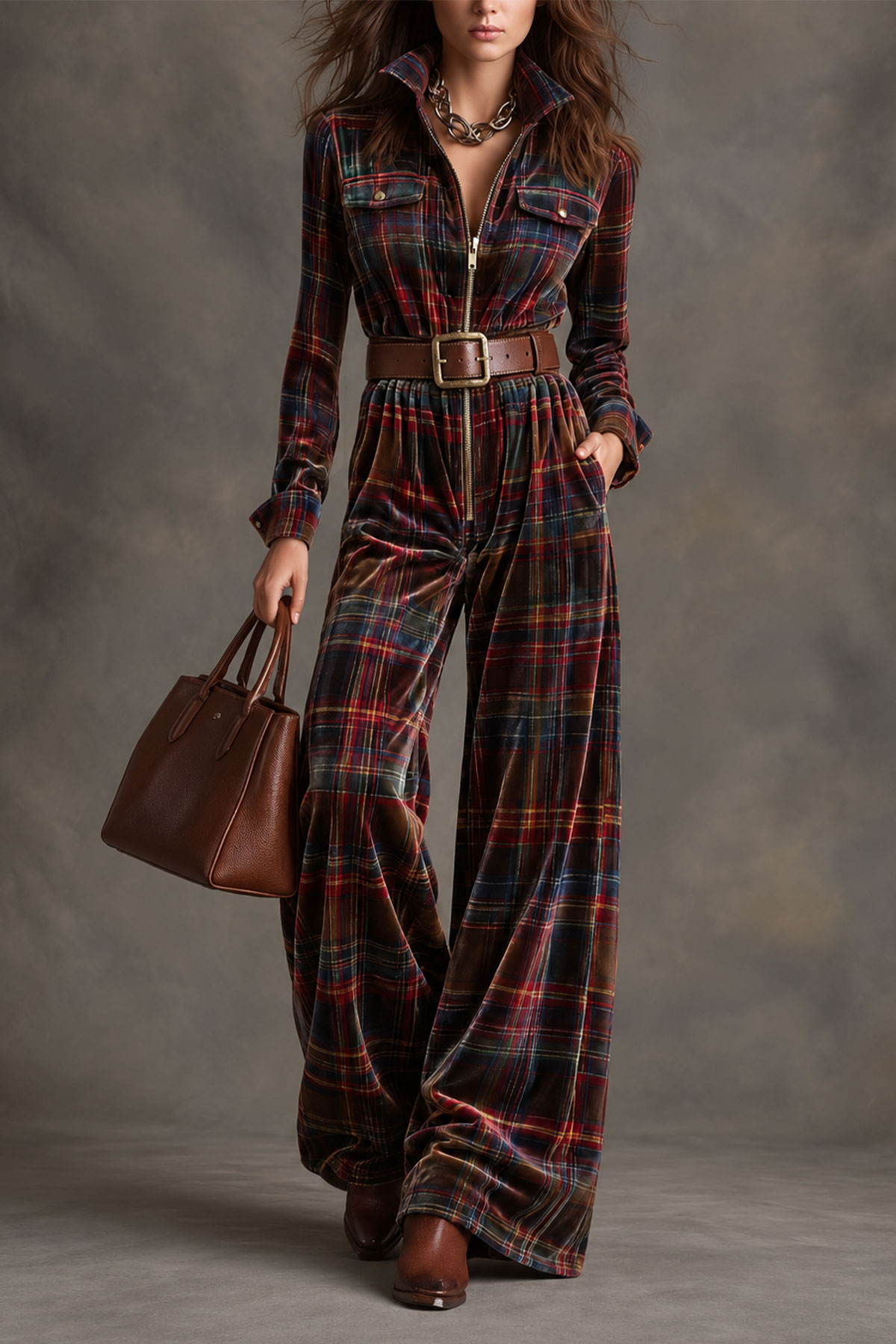 Dorothea Plaid Velvet Jumpsuit