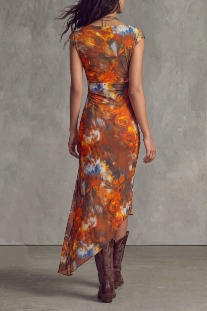 Hovaira V Neck Ruched Floral Midi Dress