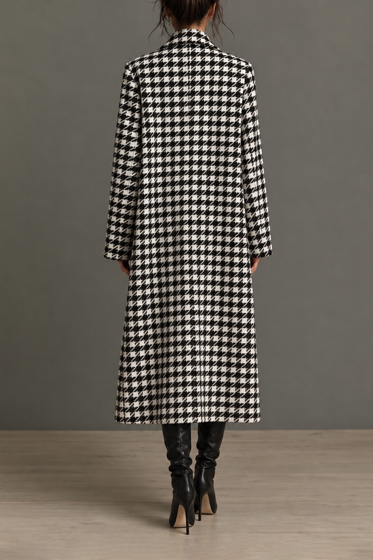Batsheva Lapel Collar Houndstooth Slit Overcoat 