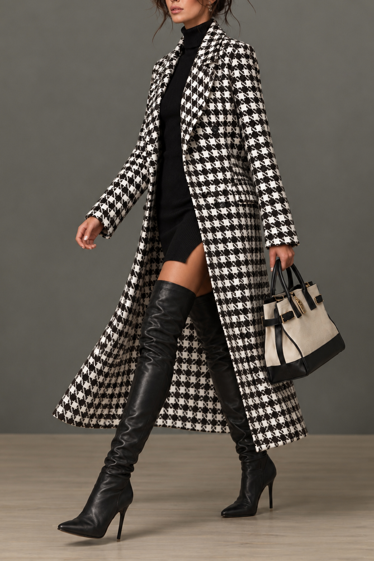 Batsheva Lapel Collar Houndstooth Slit Overcoat 