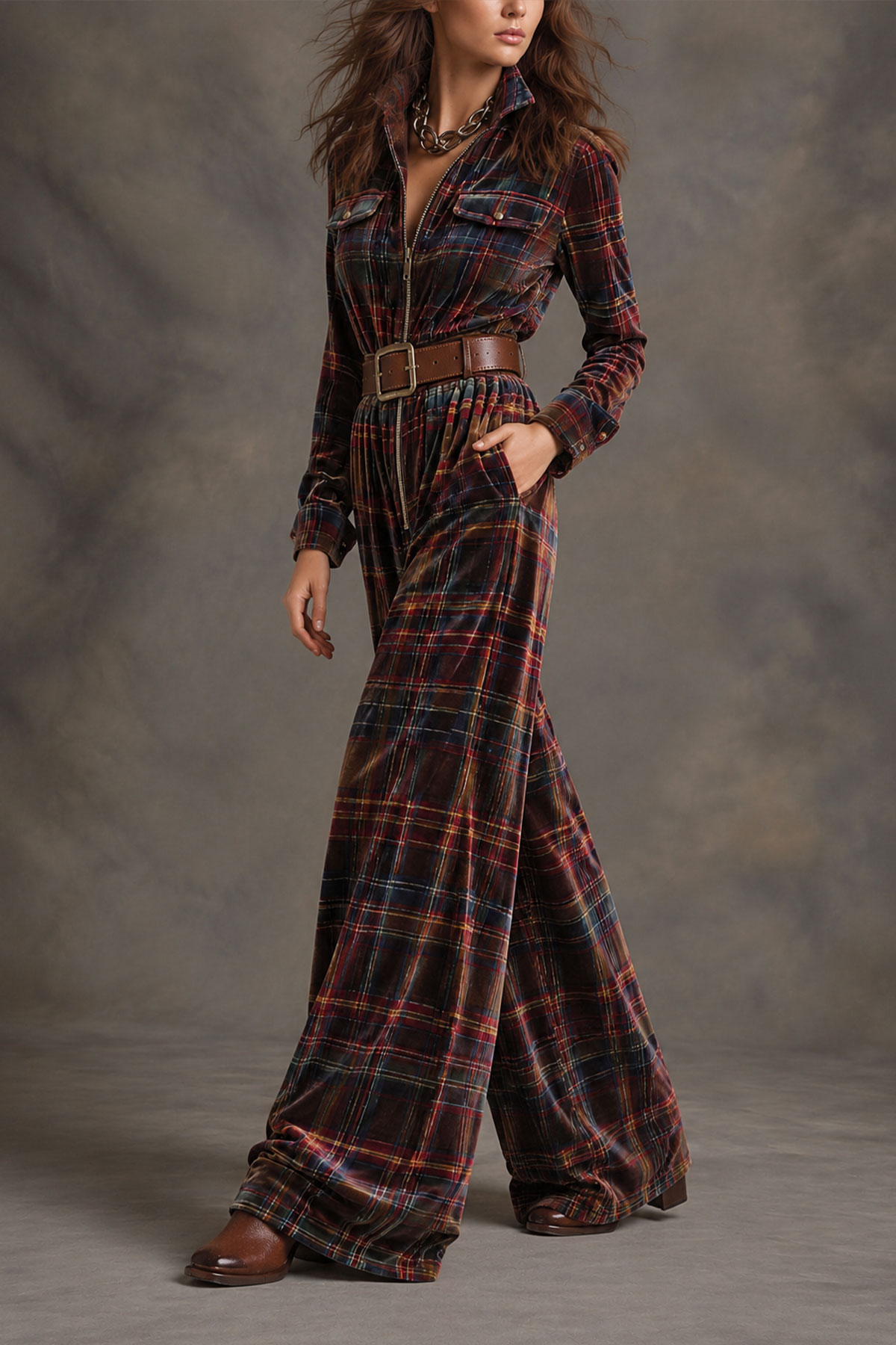 Dorothea Plaid Velvet Jumpsuit
