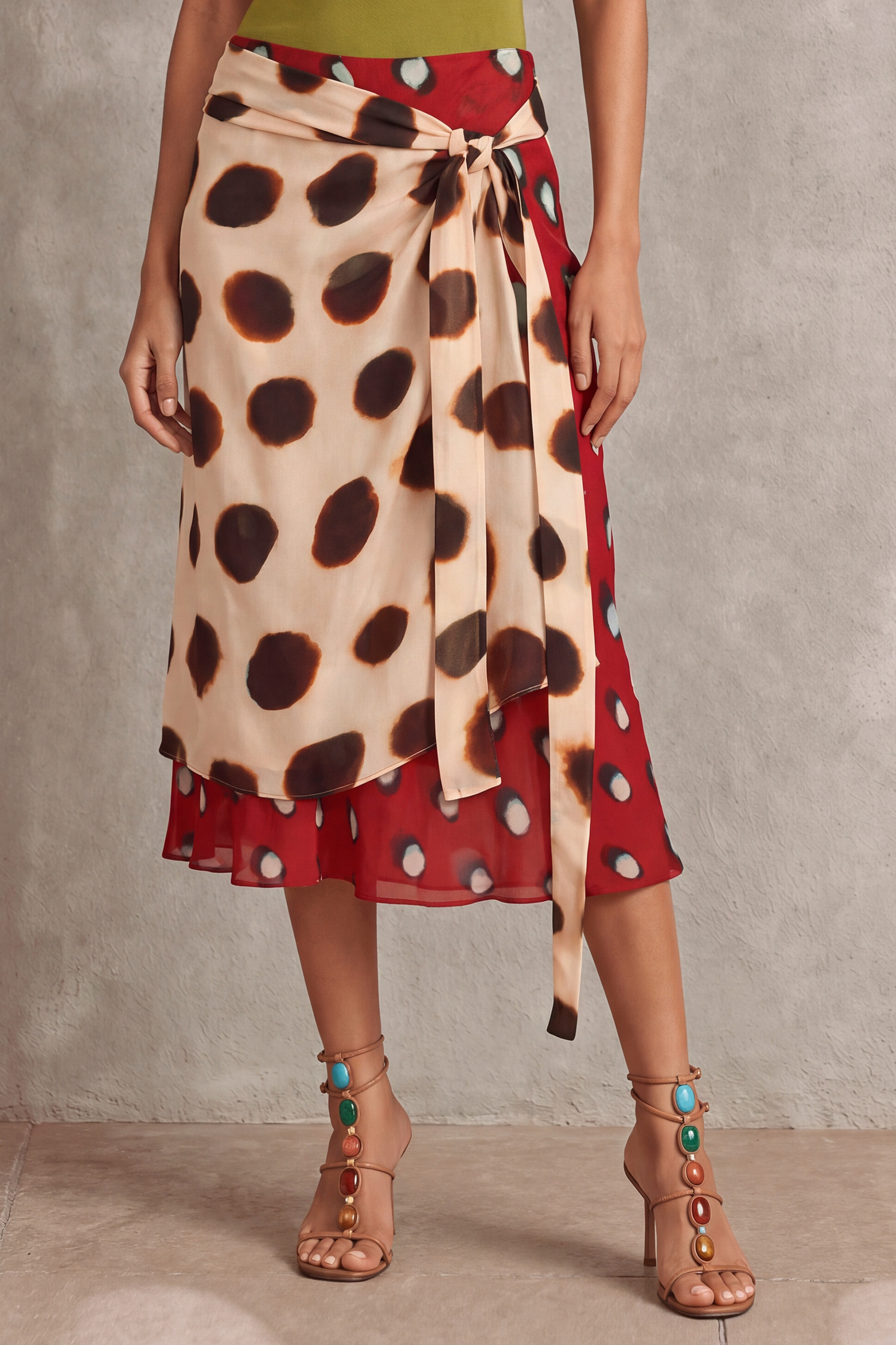 Mira Asymmetrical Tie Print Midi Skirt