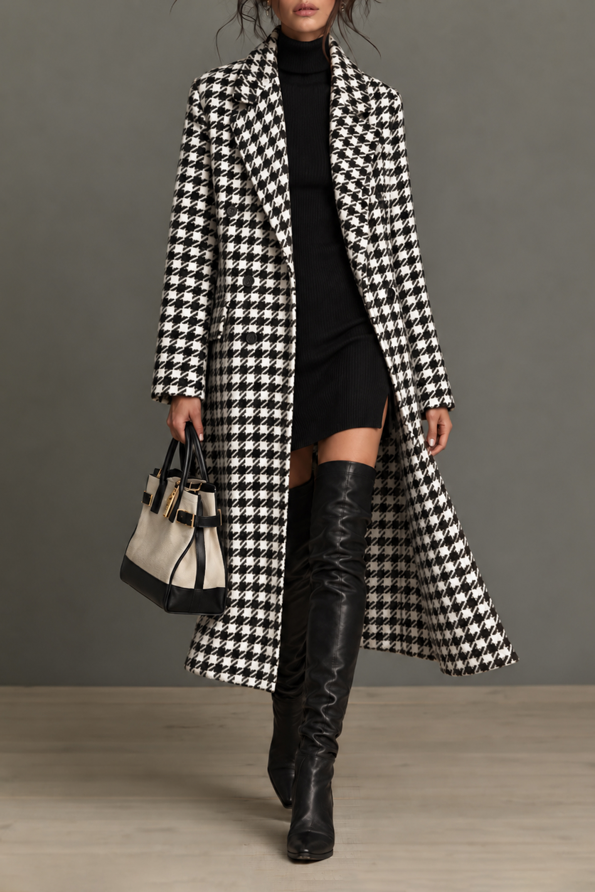 Batsheva Lapel Collar Houndstooth Slit Overcoat 