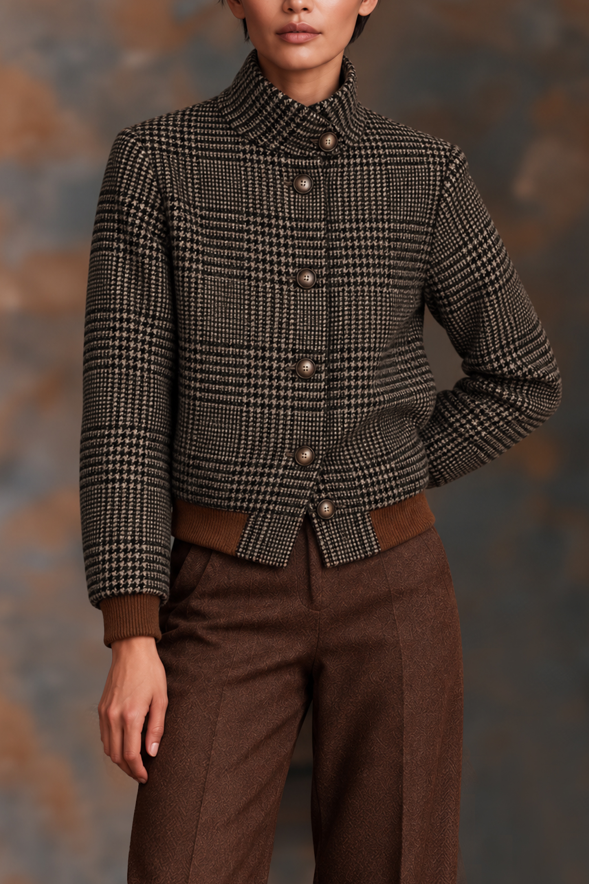 Cosima High Neck Plaid Button Coat