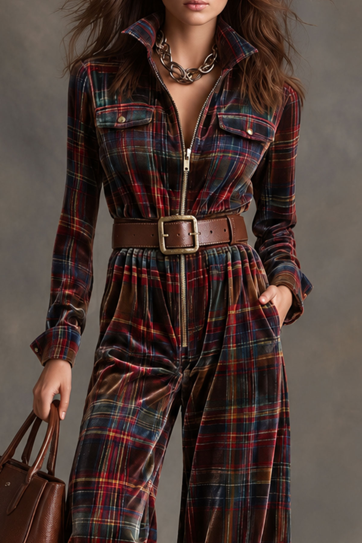 Dorothea Plaid Velvet Jumpsuit