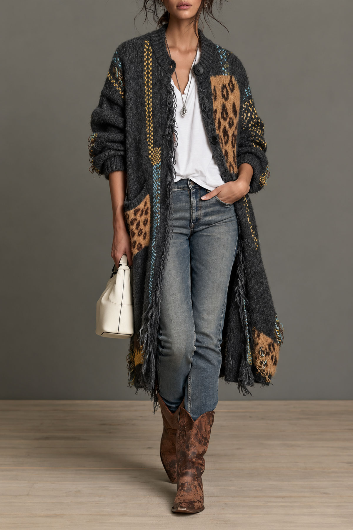 Abilene Print Button Fringe Knit Coat