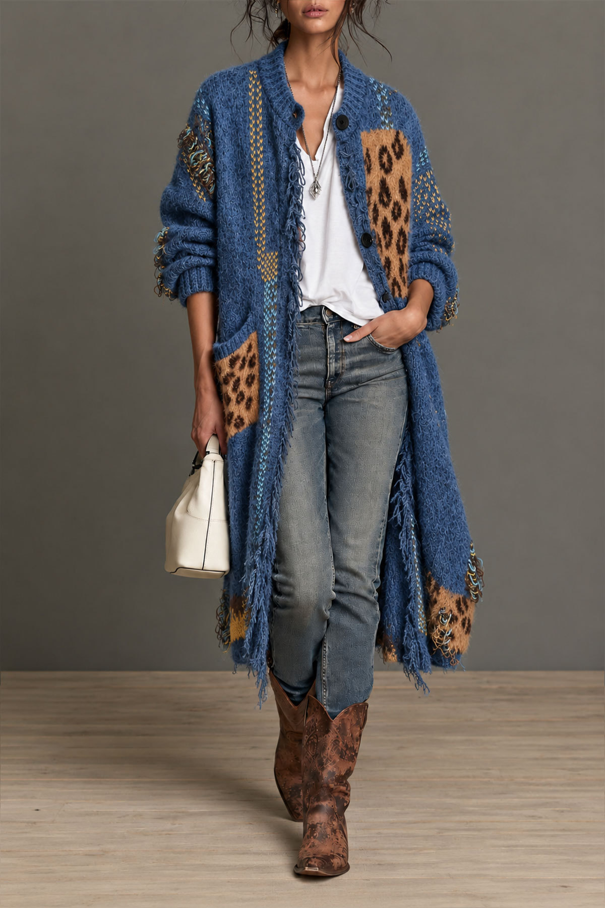 Abilene Print Button Fringe Knit Coat