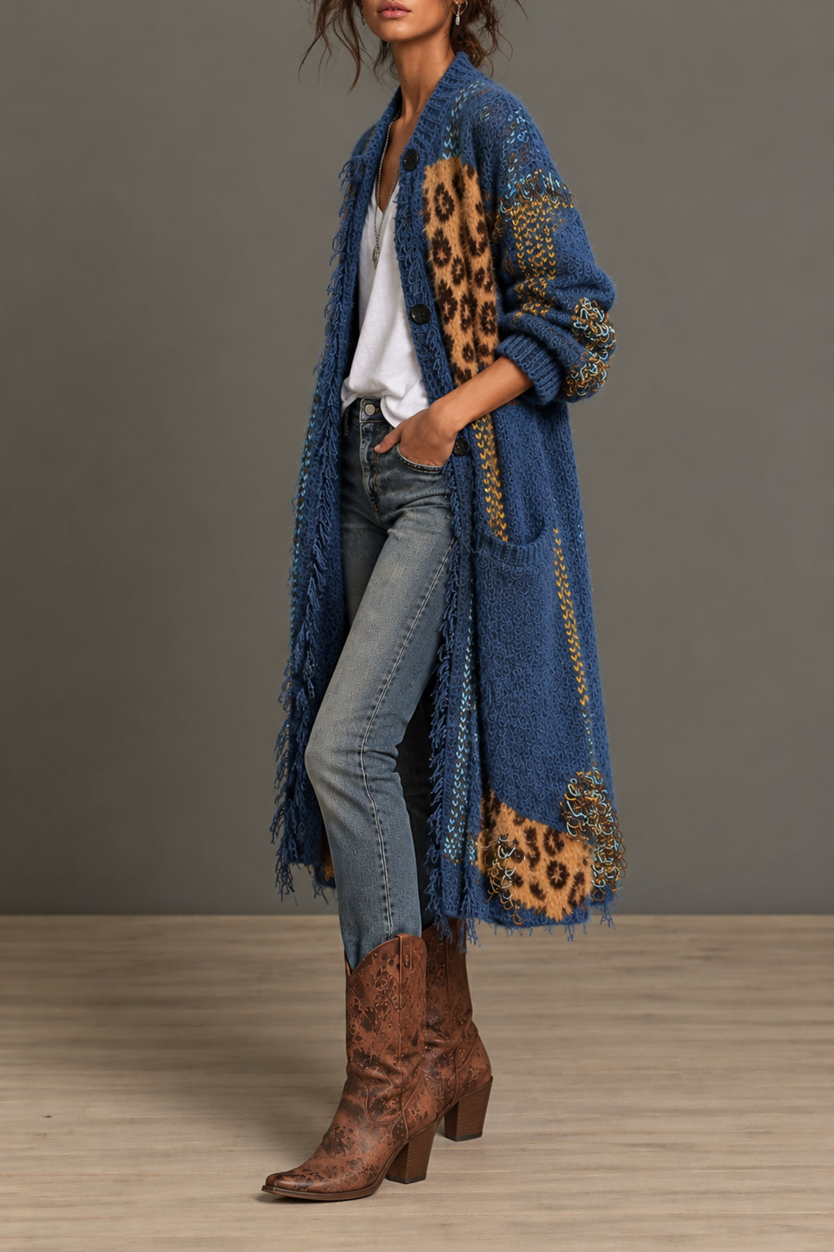 Abilene Print Button Fringe Knit Coat
