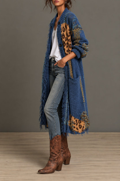 Abilene Print Button Fringe Knit Coat