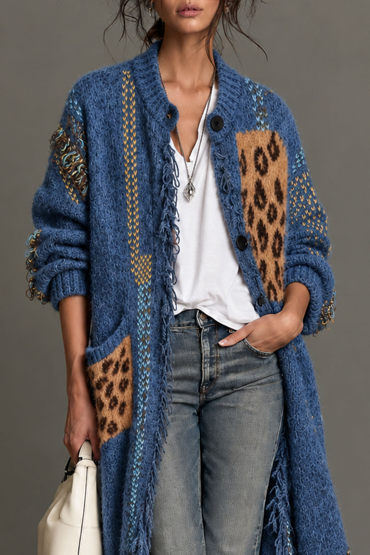 Abilene Print Button Fringe Knit Coat
