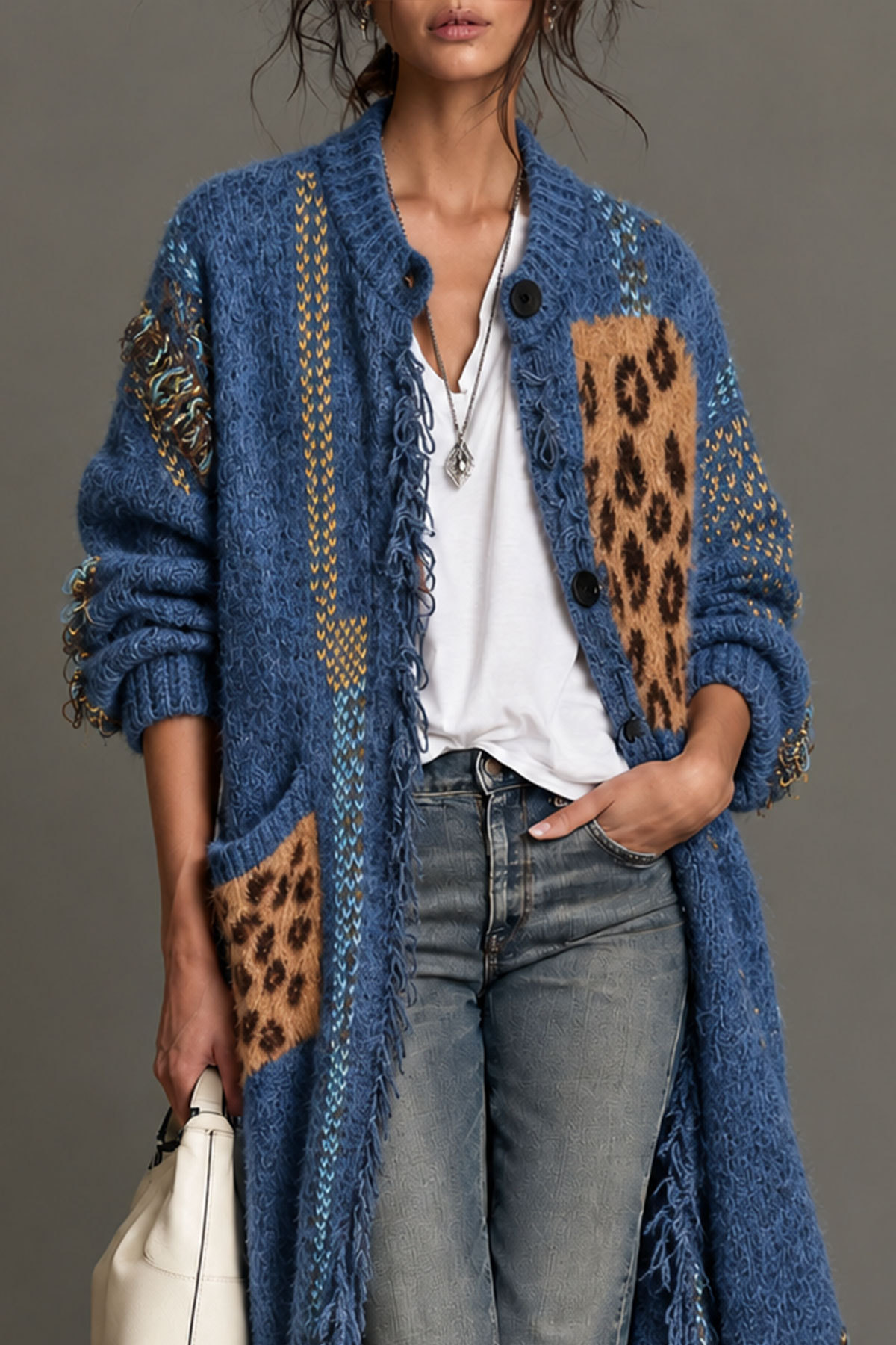 Abilene Print Button Fringe Knit Coat