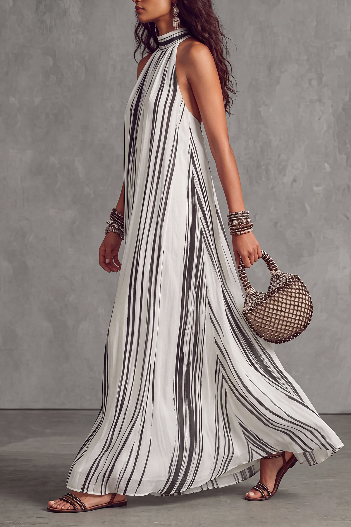 Adrevia Halter Neck Stripe Maxi Dress