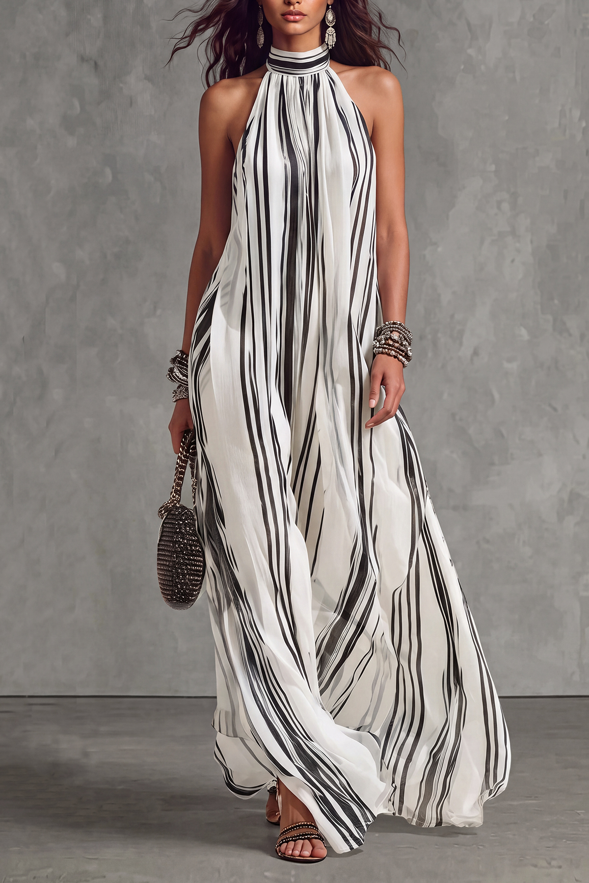 Adrevia Halter Neck Stripe Maxi Dress