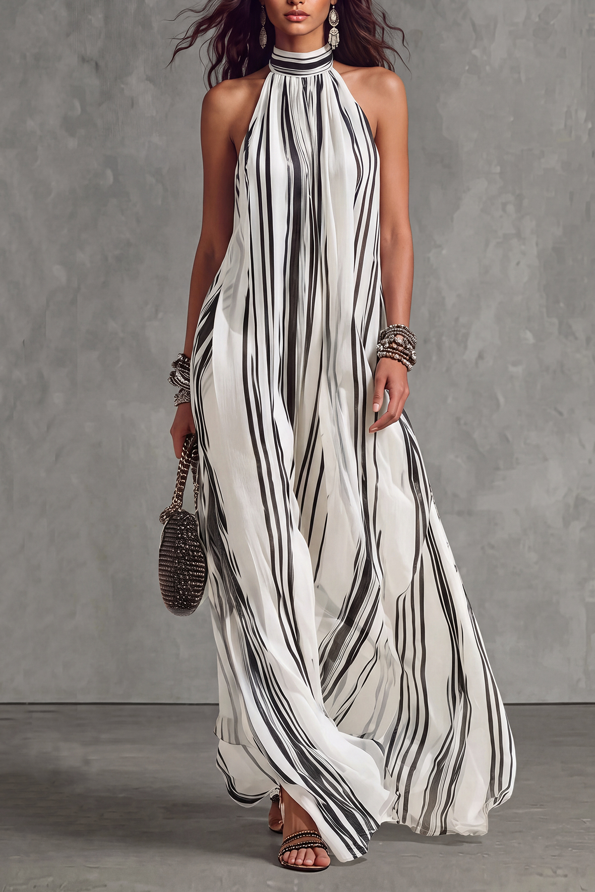 Adrevia Halter Neck Stripe Maxi Dress