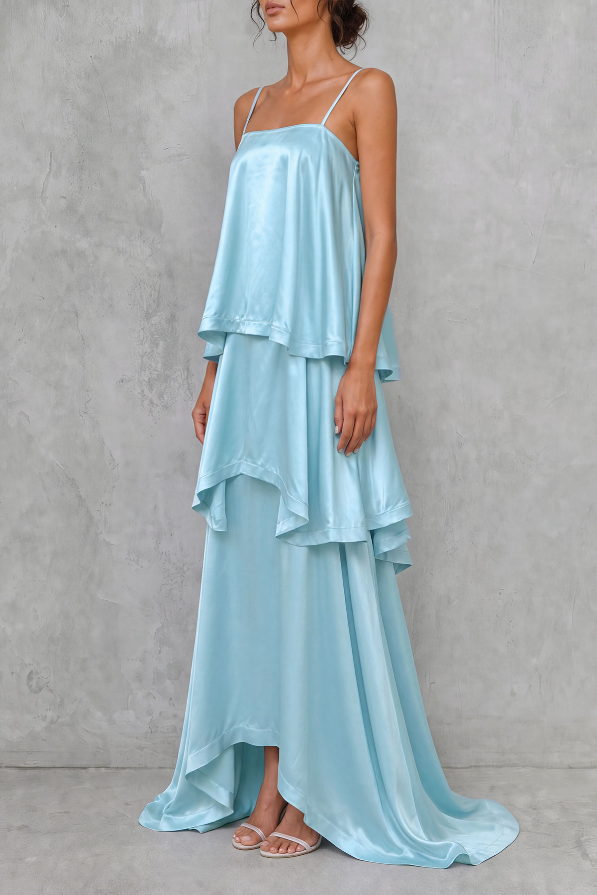 Adria Spaghetti Layer Maxi Dress In Blue