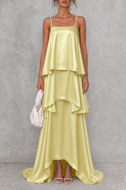 Adria Spaghetti Layer Maxi Dress In Yellow
