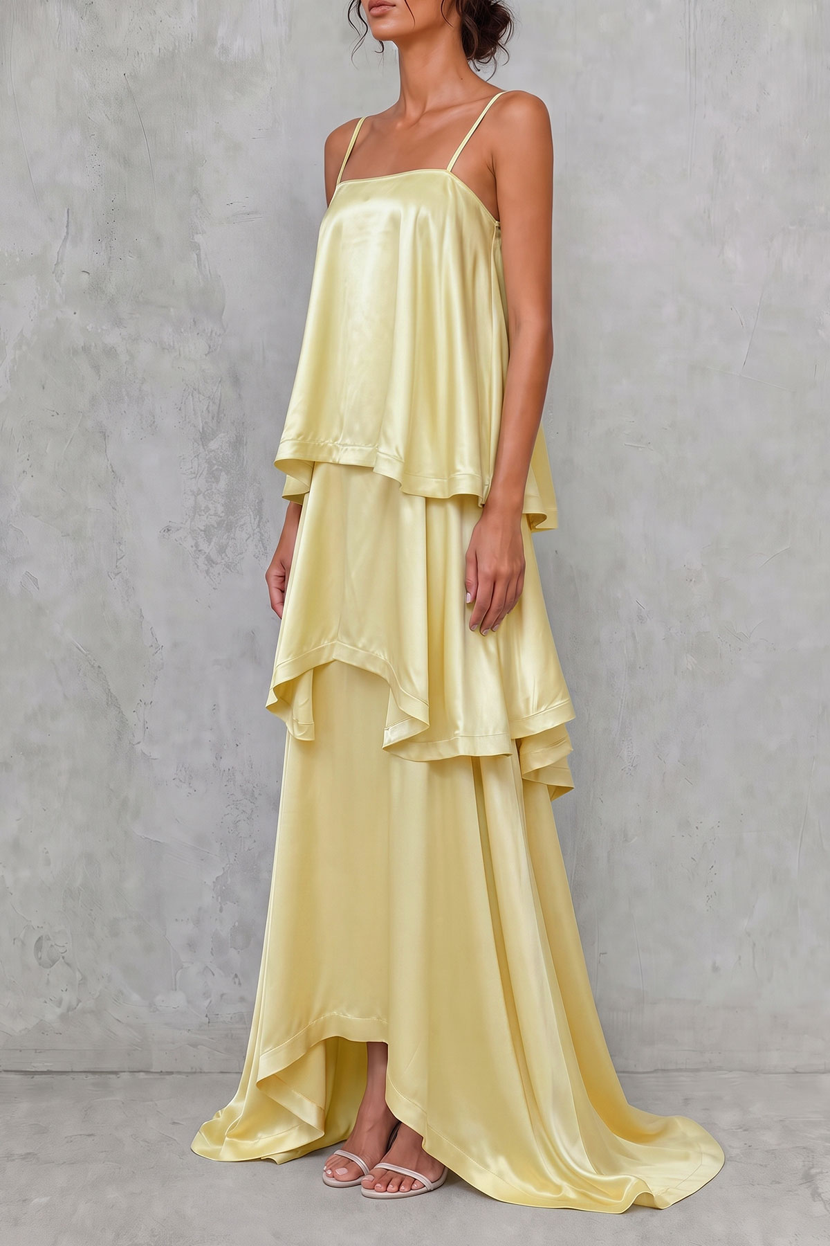 Adria Spaghetti Layer Maxi Dress In Yellow
