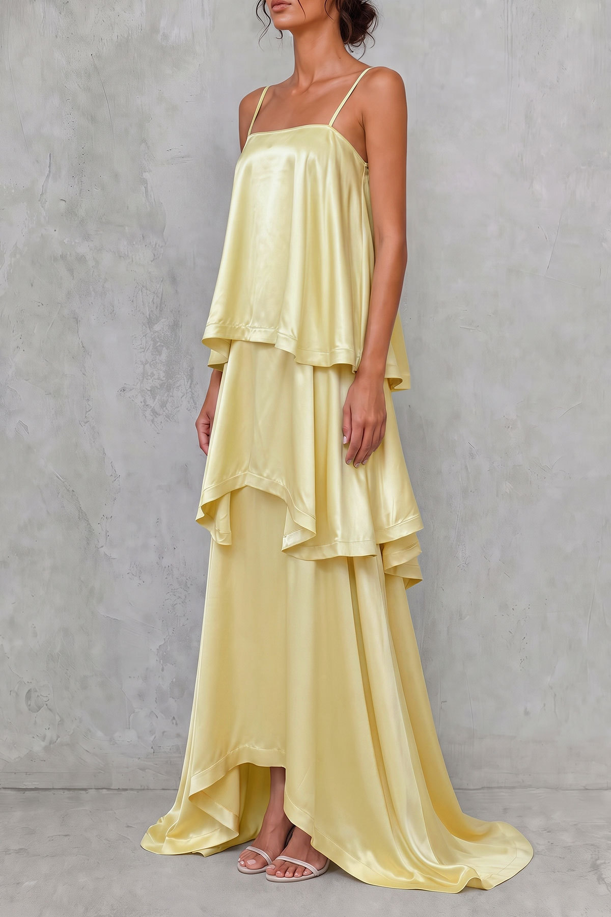 Adria Spaghetti Layer Maxi Dress In Yellow