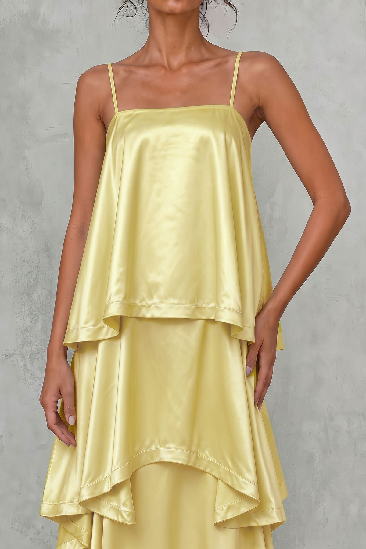 Adria Spaghetti Layer Maxi Dress In Yellow