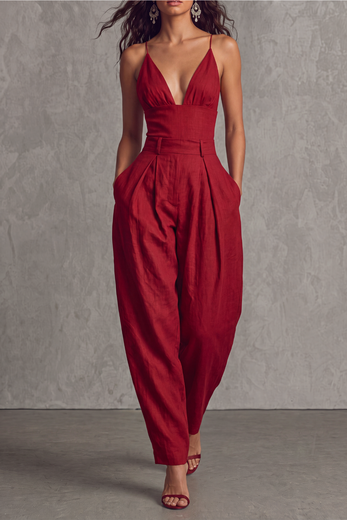 Aelvor Spaghetti Plunge Neck Wide Jumpsuit
