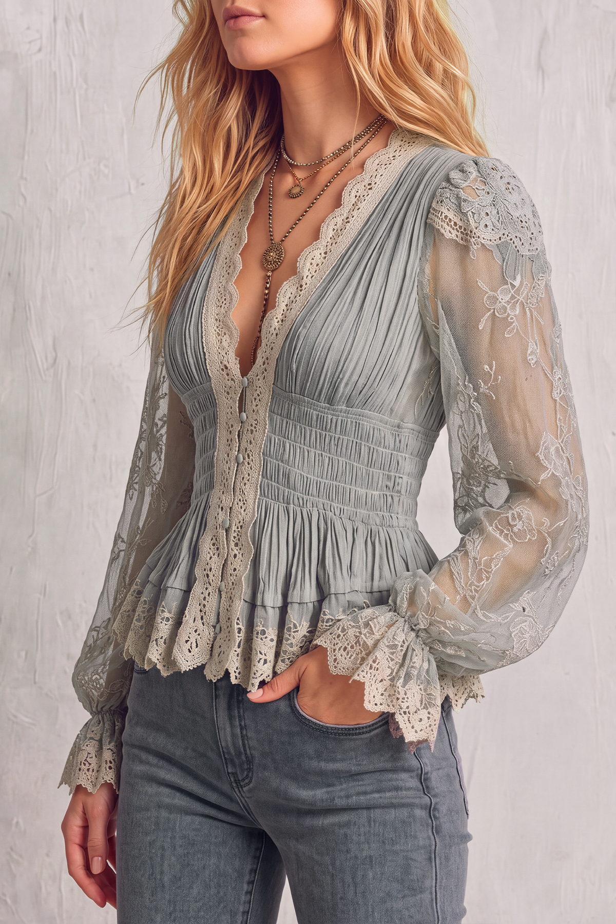 Aervyn Plunge Neck Lace Ruched Blouse