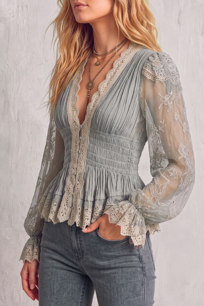 Aervyn Plunge Neck Lace Ruched Blouse