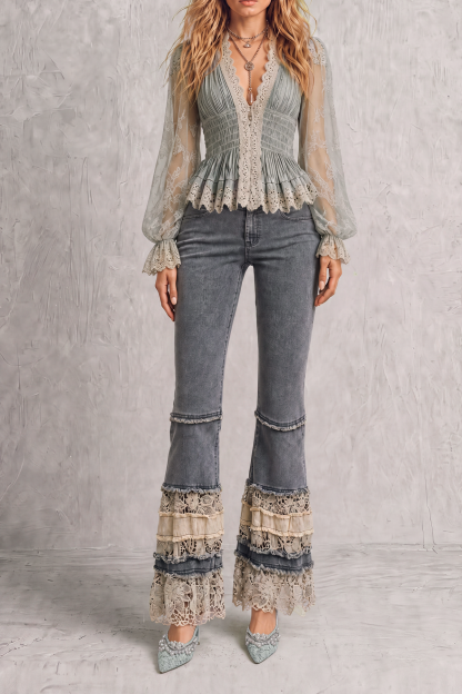 Aervyn Plunge Neck Lace Ruched Blouse