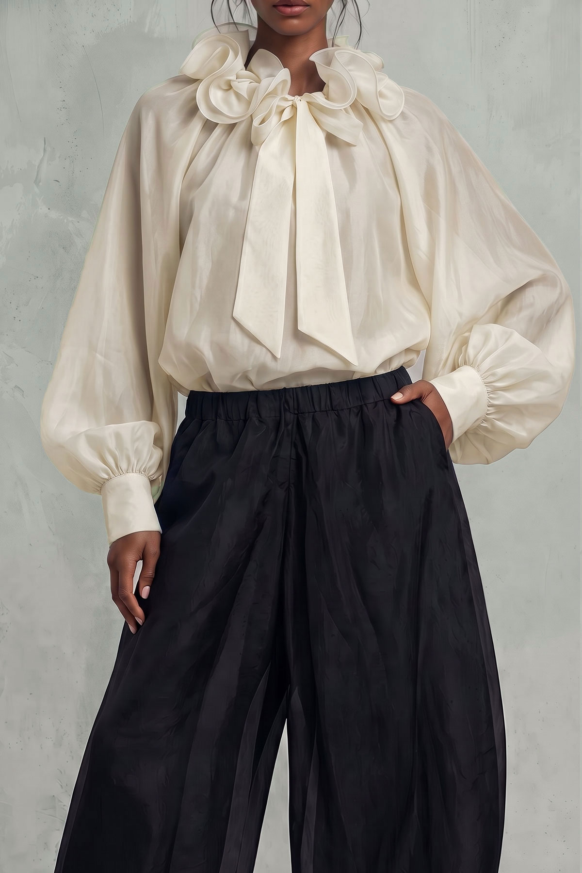 Alondra Ruffle Collar Bow Blouse Top In White