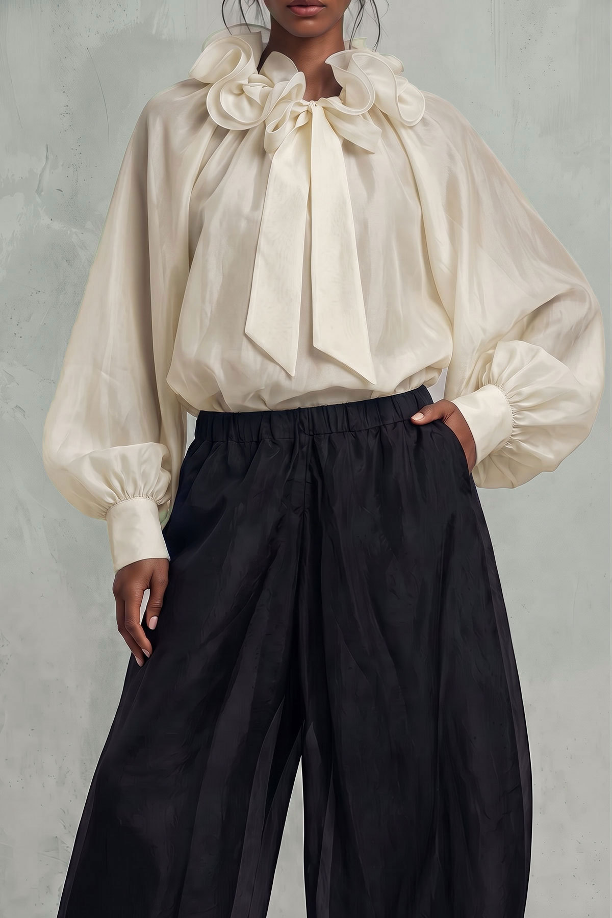 Alondra Ruffle Collar Bow Blouse Top In White