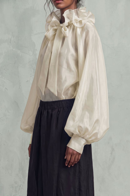 Alondra Ruffle Collar Bow Blouse Top In White