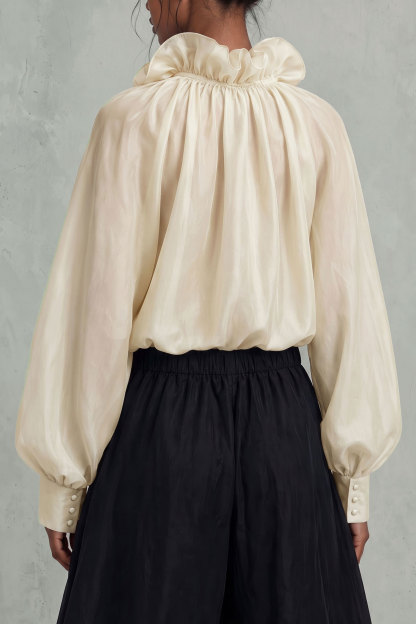 Alondra Ruffle Collar Bow Blouse Top In White
