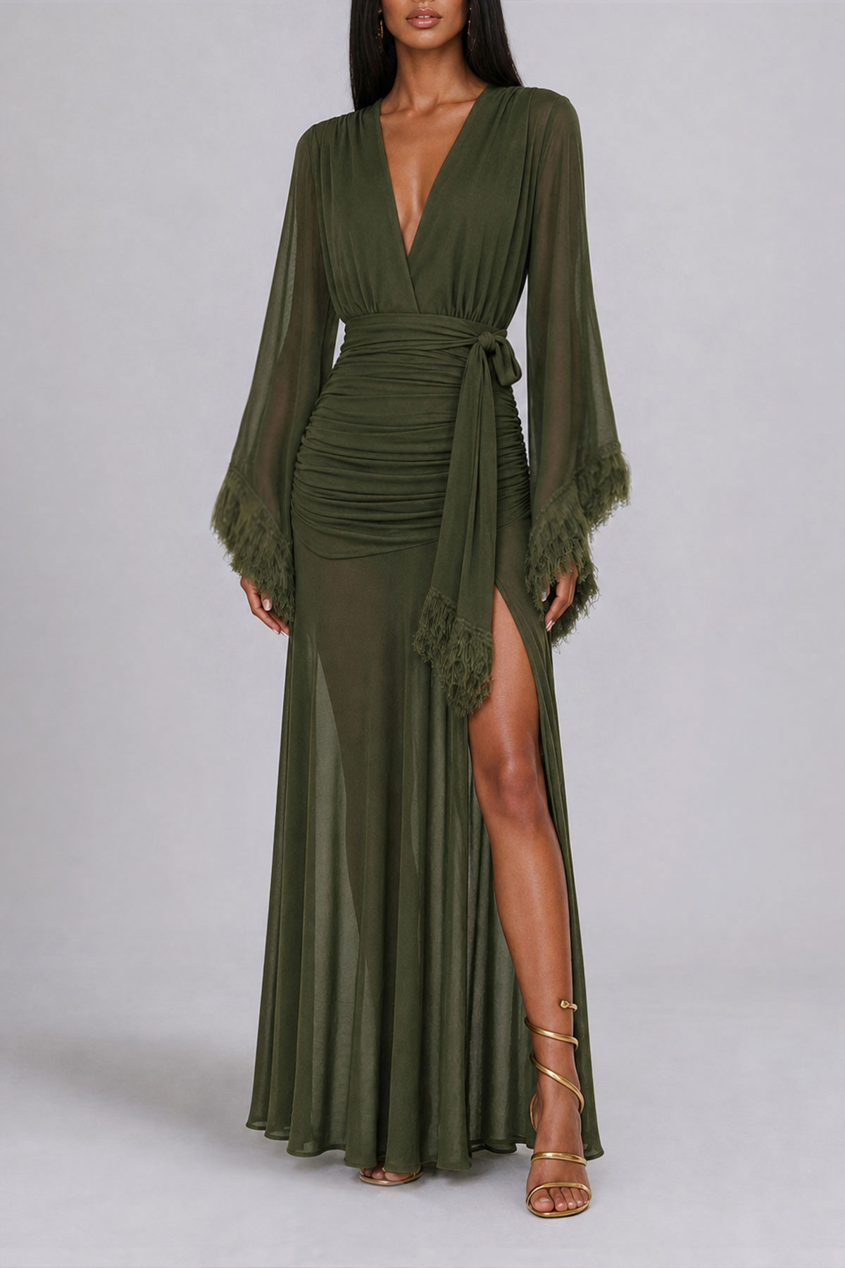 Anika Plunge Neck Feather Ruched Maxi Dress