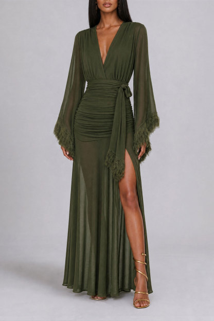 Anika Plunge Neck Feather Ruched Maxi Dress