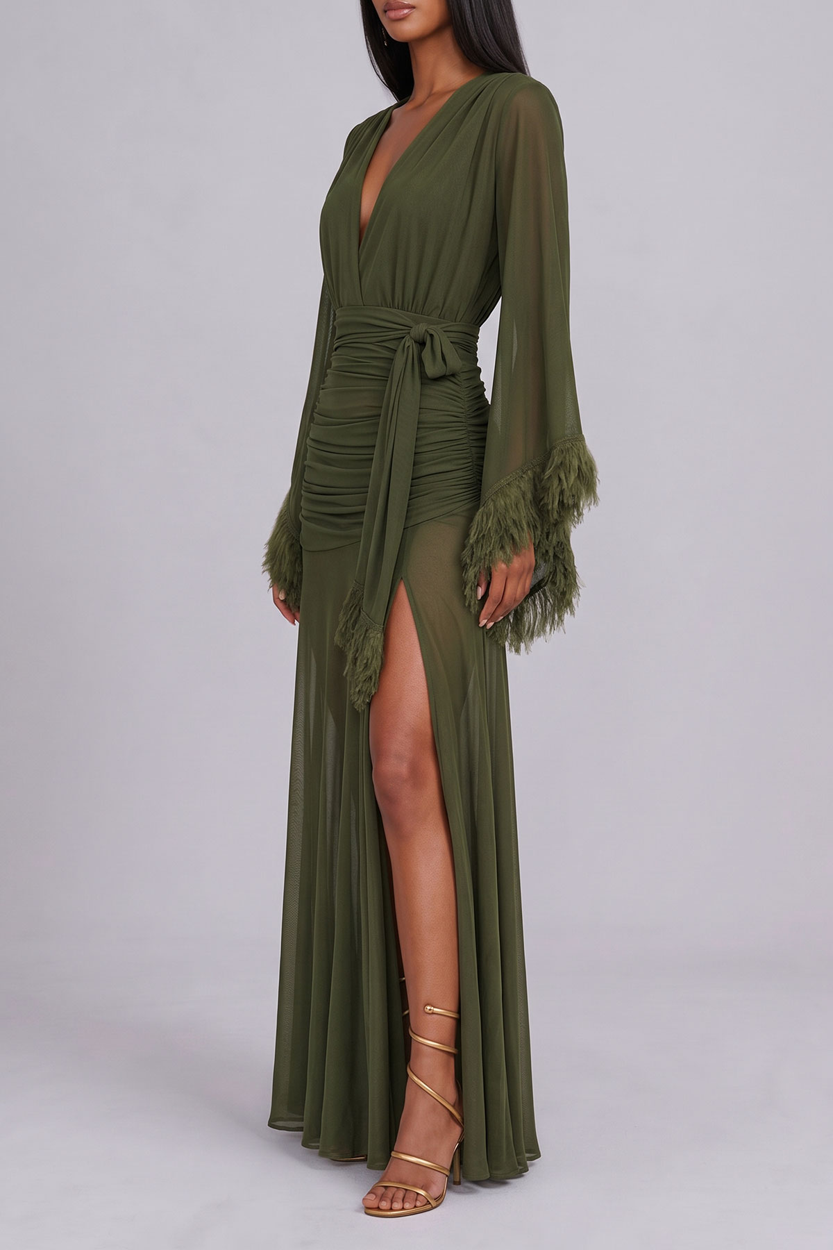 Anika Plunge Neck Feather Ruched Maxi Dress