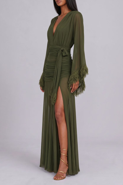Anika Plunge Neck Feather Ruched Maxi Dress