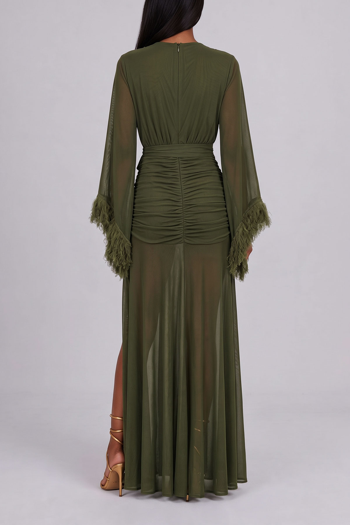 Anika Plunge Neck Feather Ruched Maxi Dress