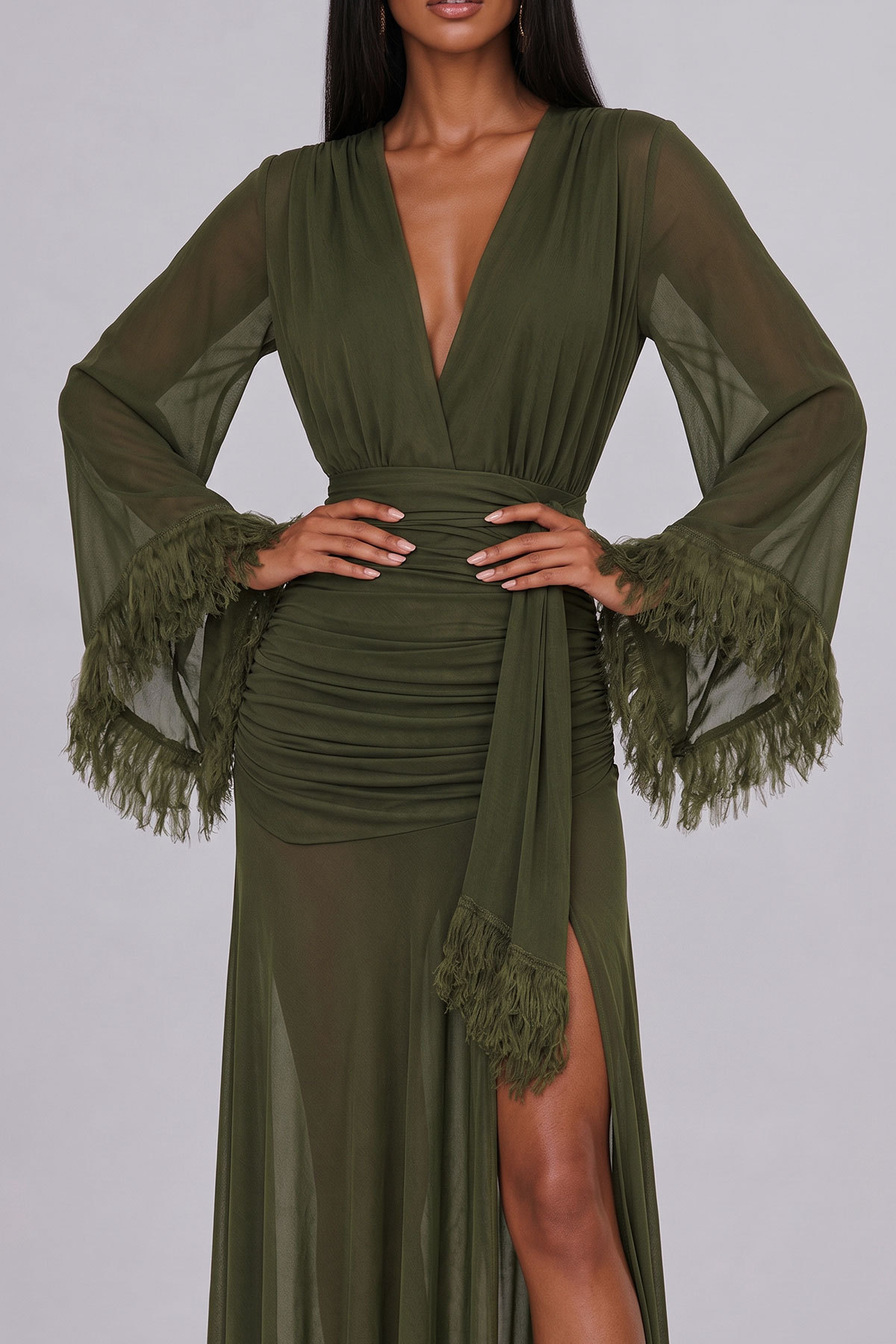 Anika Plunge Neck Feather Ruched Maxi Dress