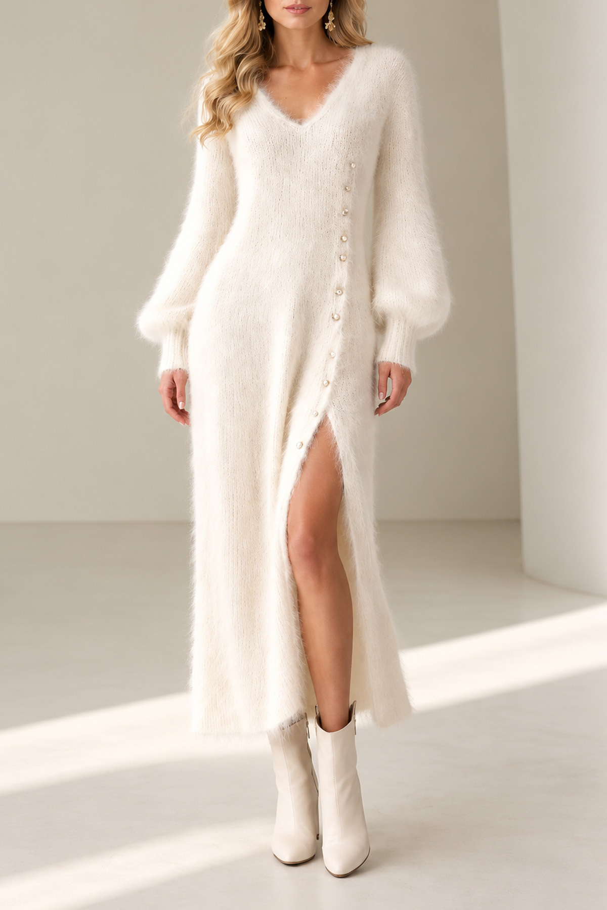 Anouk V Neck Button Slit Knit Maxi Dress