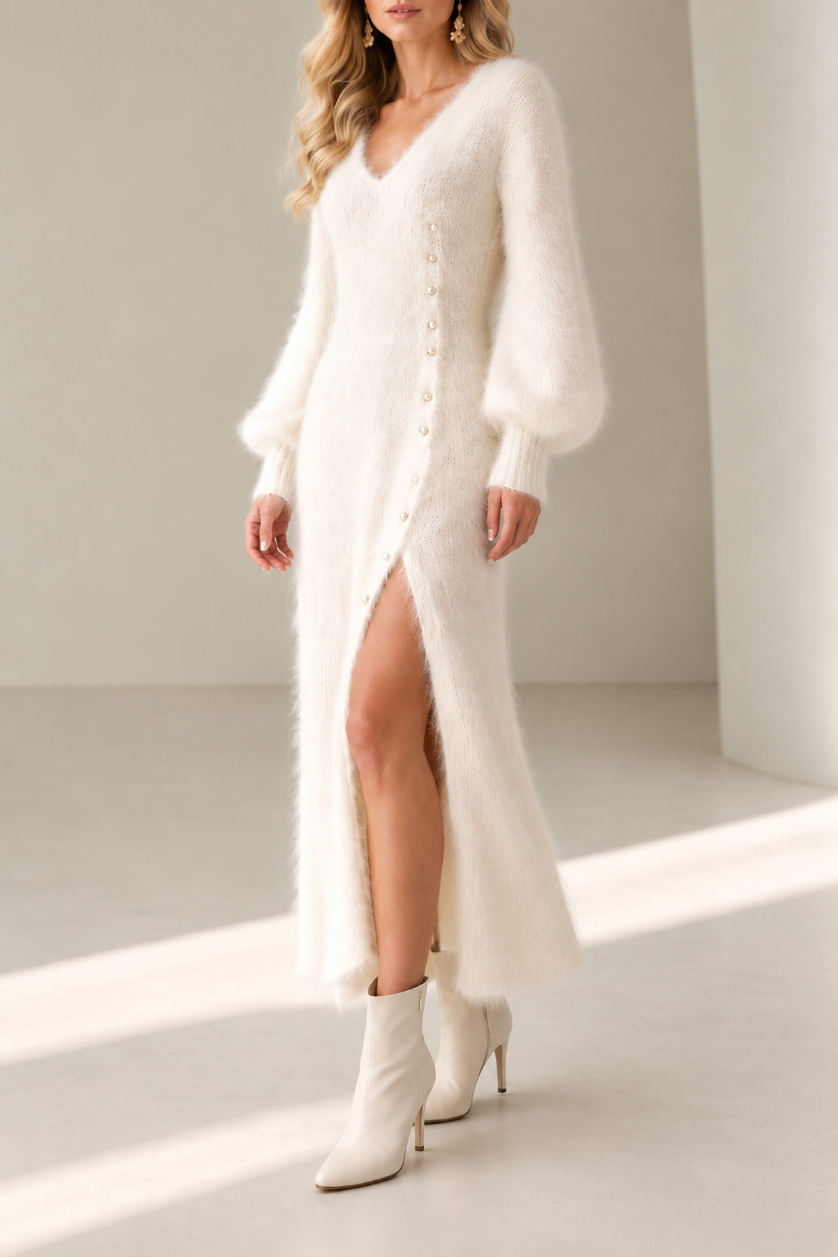 Anouk V Neck Button Slit Knit Maxi Dress