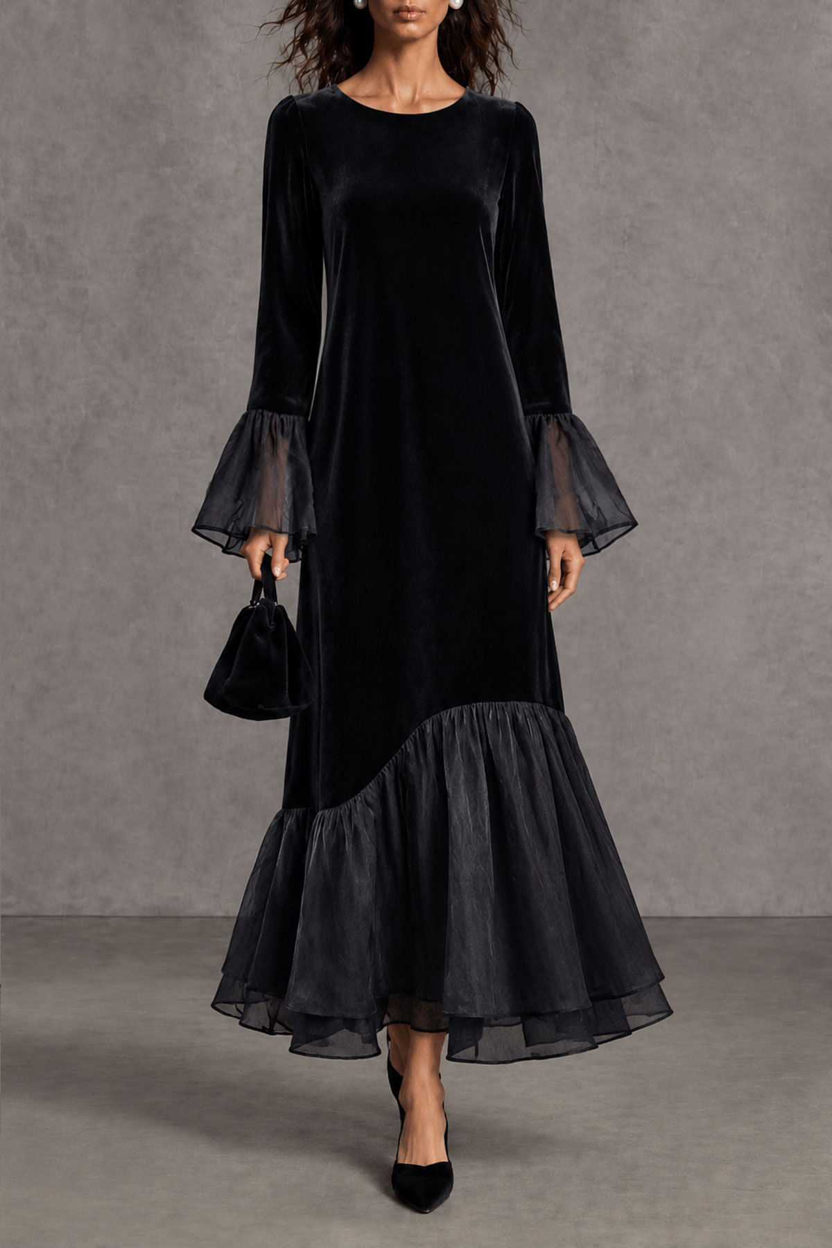 Anwen Ruffle Hem Velvet Midi Dress