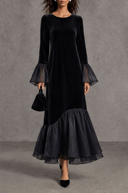 Anwen Ruffle Hem Velvet Midi Dress