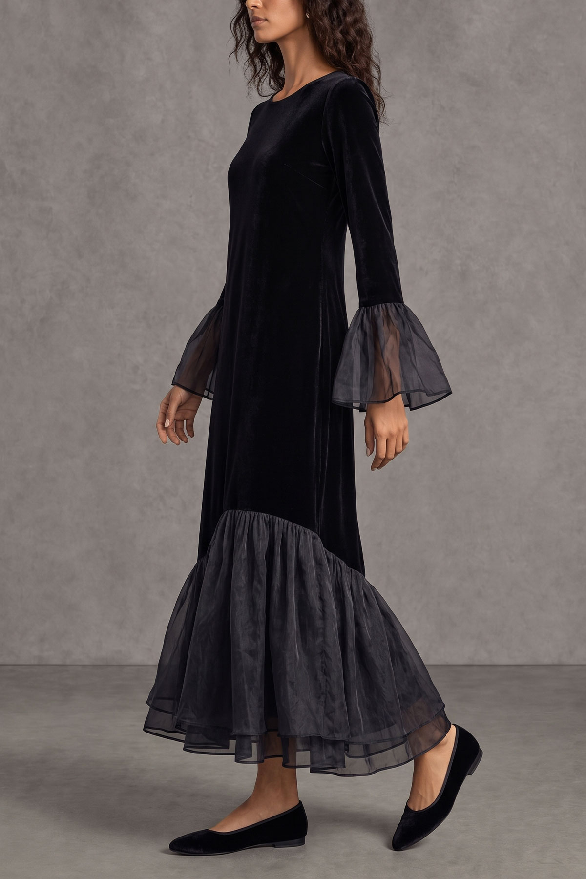 Anwen Ruffle Hem Velvet Midi Dress