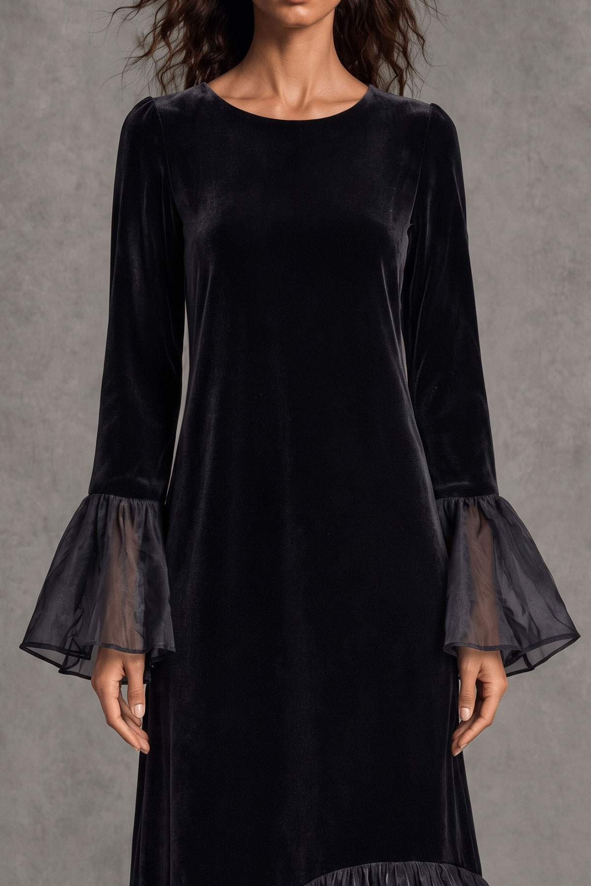 Anwen Ruffle Hem Velvet Midi Dress