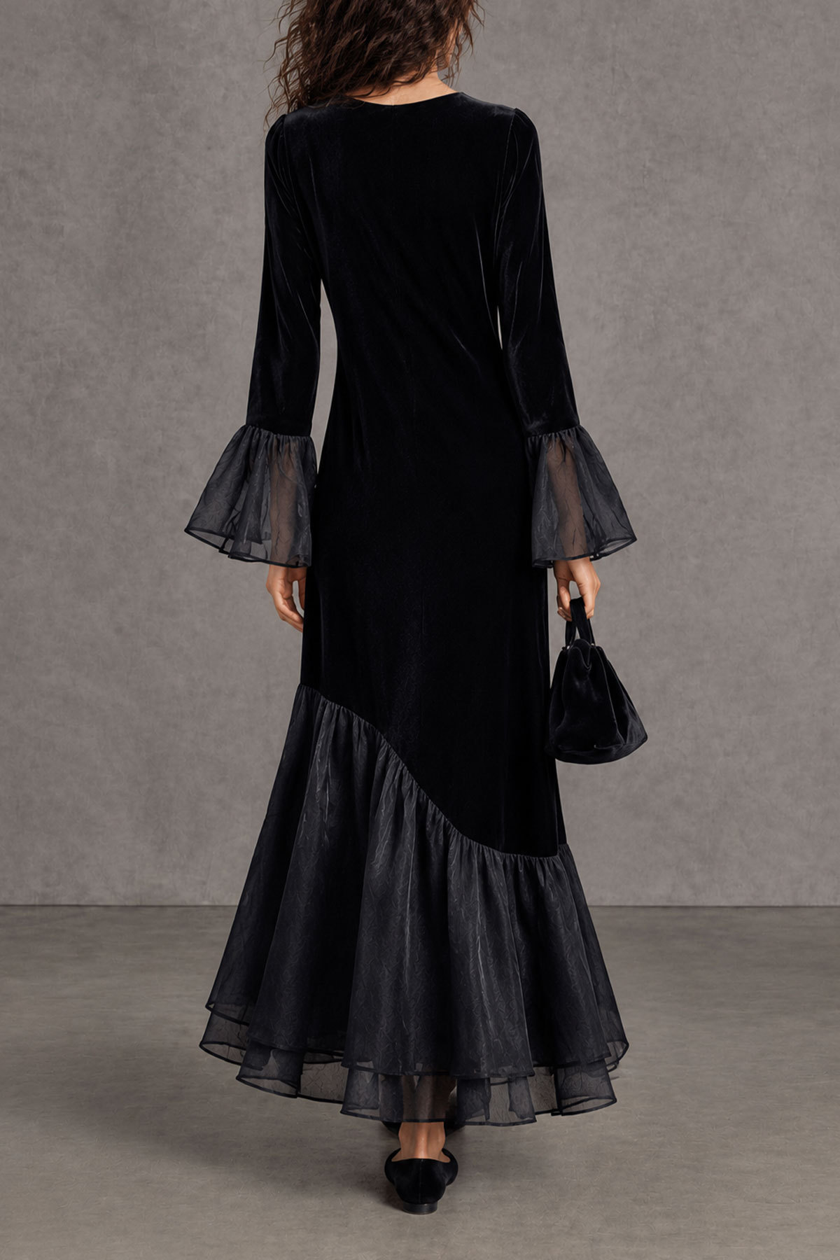 Anwen Ruffle Hem Velvet Midi Dress