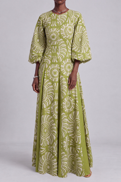 Aria Puff Sleeve Geometric Print Maxi Dress