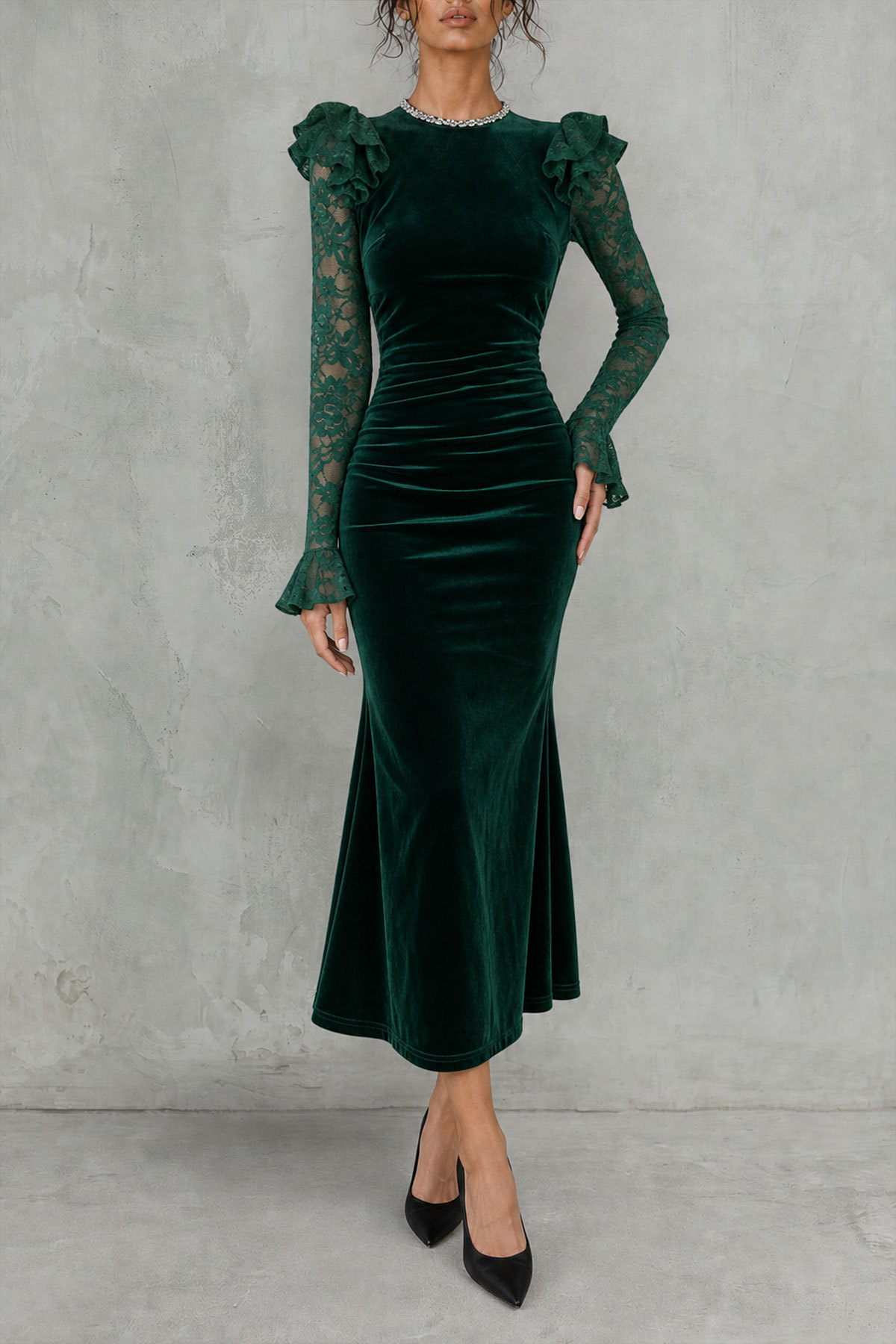 Arlette Rhinestone Ruffle Midi Dress