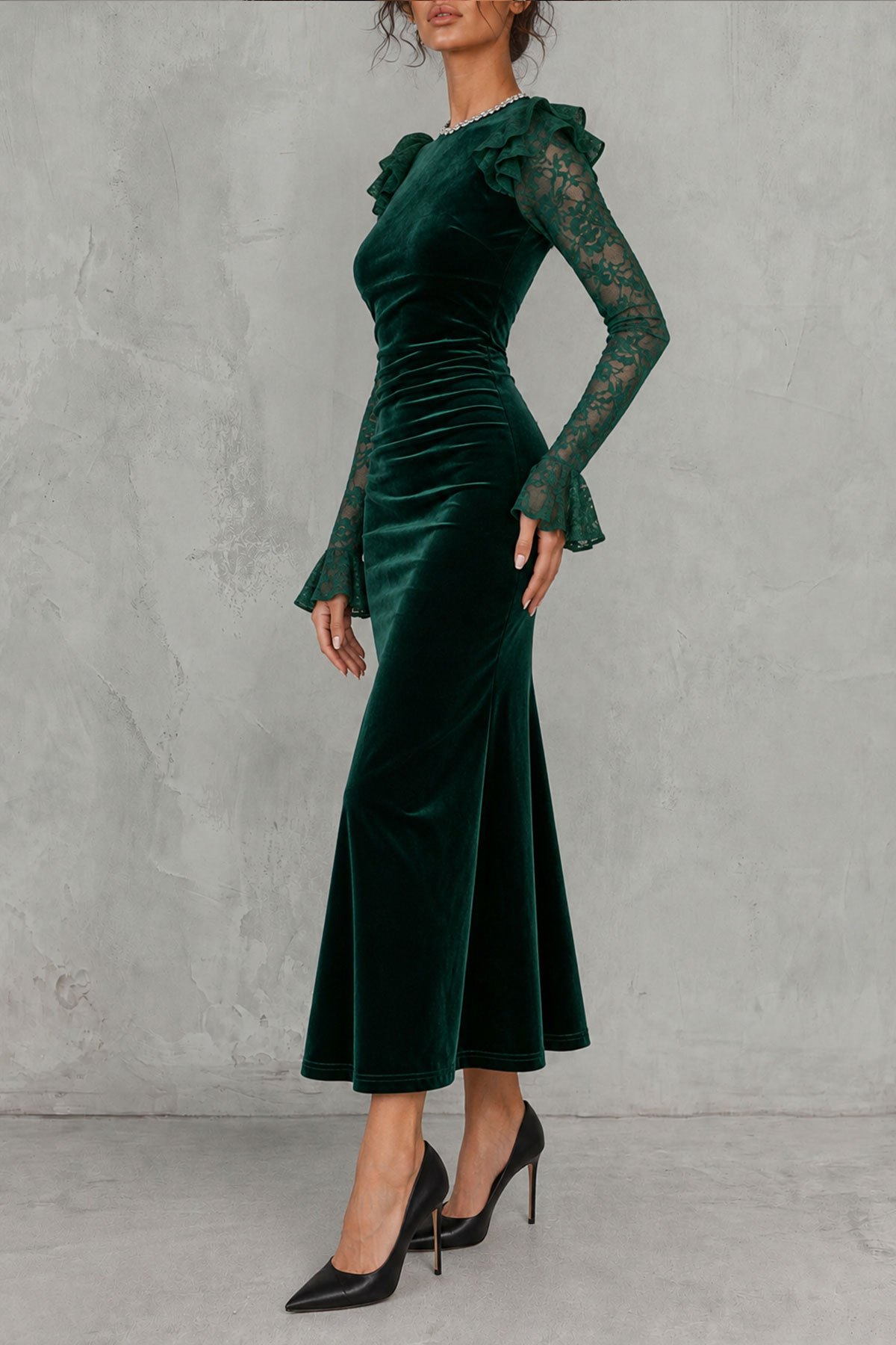 Arlette Rhinestone Ruffle Midi Dress